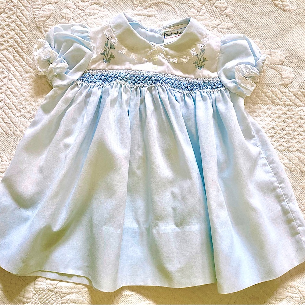 Vintage Michael DeLeon Hand smocked and embroidered pale blue dress